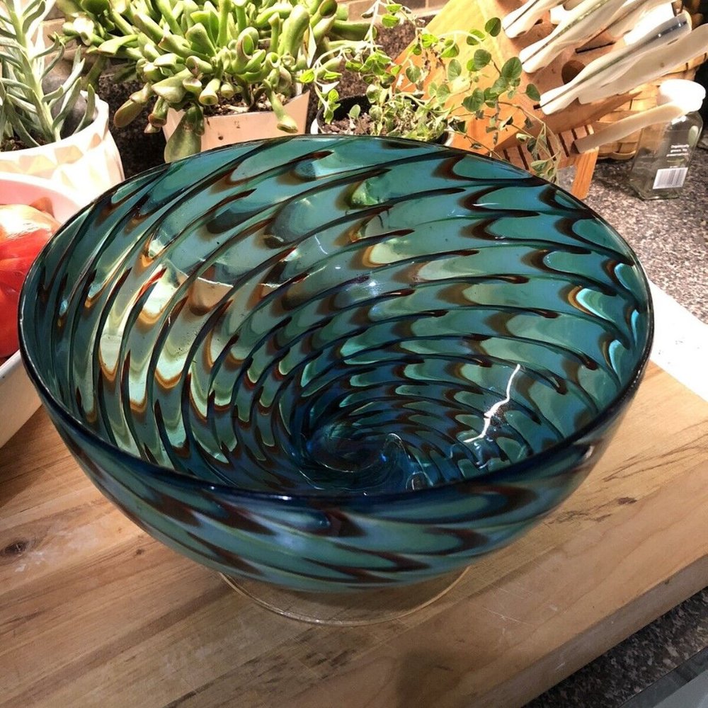 BLOWN ART GLASS OPTIC SWIRL CENTERPIECE BOWL VINTAGE GIFTS BLUE COLLECTABLE